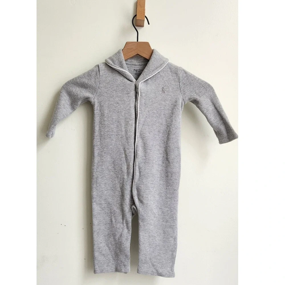 Ralph Lauren One Piece Baby 9M Gray Pony Logo Ribbed Snap Jumpsuit Classic